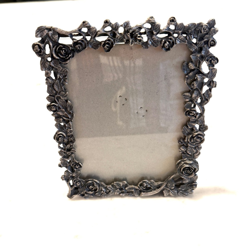 Linco Vintage Ornate Pewter Rose Floral 5x7 Picture Frame Silver Tone Taiwan ROC